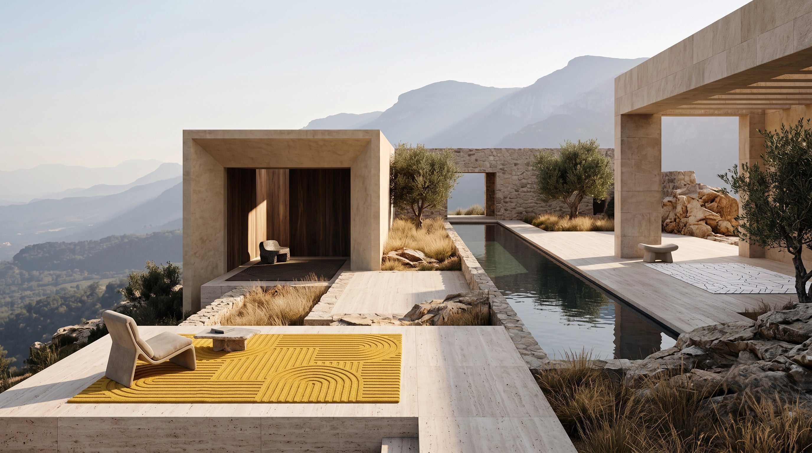 The Vista Collection — Bold Geometric Outdoor Rug on a Modernist Terrace